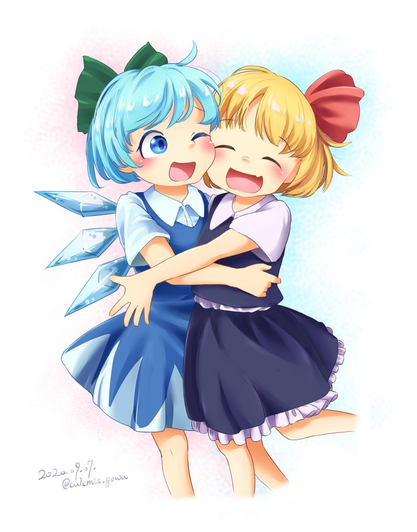 2girls ;d bangs black_skirt black_vest blonde_hair blue_background blue_dress blue_hair blush calcmis_gowa cheek-to-cheek cirno closed_eyes commentary_request cropped_legs dated dress eyebrows_visible_through_hair facing_viewer fang feet_out_of_frame gradient gradient_background hair_ribbon hand_on_another's_waist highres hug leg_lift looking_at_another multiple_girls one_eye_closed open_mouth pinafore_dress pink_background puffy_short_sleeves puffy_sleeves ribbon rumia shirt short_hair short_sleeves skin_fang skirt smile standing touhou twitter_username two-tone_background vest white_shirt
