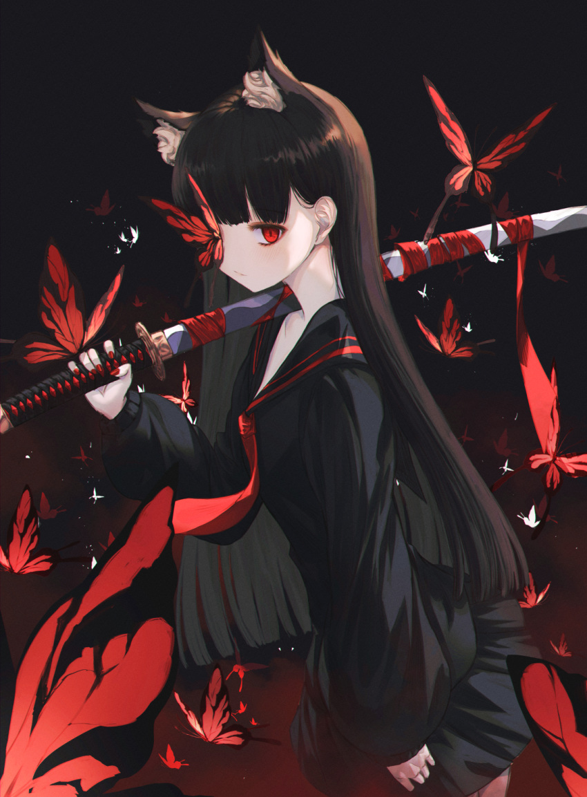 1girl animal_ears bangs black_background black_hair black_serafuku black_shirt black_skirt blunt_bangs bug butterfly butterfly_on_head cat_ears collarbone extra_ears from_side hand_up highres holding holding_sword holding_weapon insect katana long_hair long_sleeves looking_at_viewer multicolored multicolored_background neon_(pixiv_31150749) original over_shoulder red_background red_butterfly red_eyes red_nails red_neckwear sailor_collar school_uniform serafuku shirt skirt solo sword sword_over_shoulder very_long_hair weapon weapon_over_shoulder