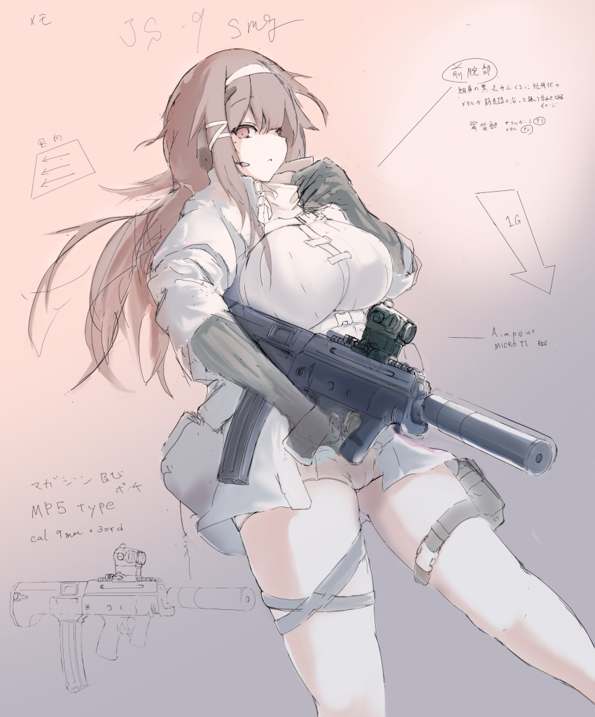 1girl absurdres aircraft artist_request breasts brown_hair commentary covered_nipples fingerless_gloves girls_frontline gloves gun hair_ornament hairclip headband highres jacket js_9_(girls_frontline) large_breasts long_hair looking_at_viewer red_eyes scope sketch solo suppressor thigh_strap thighs weapon