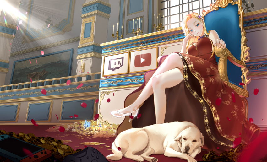 1girl arm_rest bangs blonde_hair blue_eyes blush breasts choker commission crossed_legs crystal dog dress gold gonzz_(gon2rix) hair_ornament head_on_hand head_tilt high_heels highres indoors large_breasts long_hair looking_at_viewer original parted_bangs petals red_dress scenery sitting sleeveless sleeveless_dress smile solo thighs twitch.tv white_footwear youtube