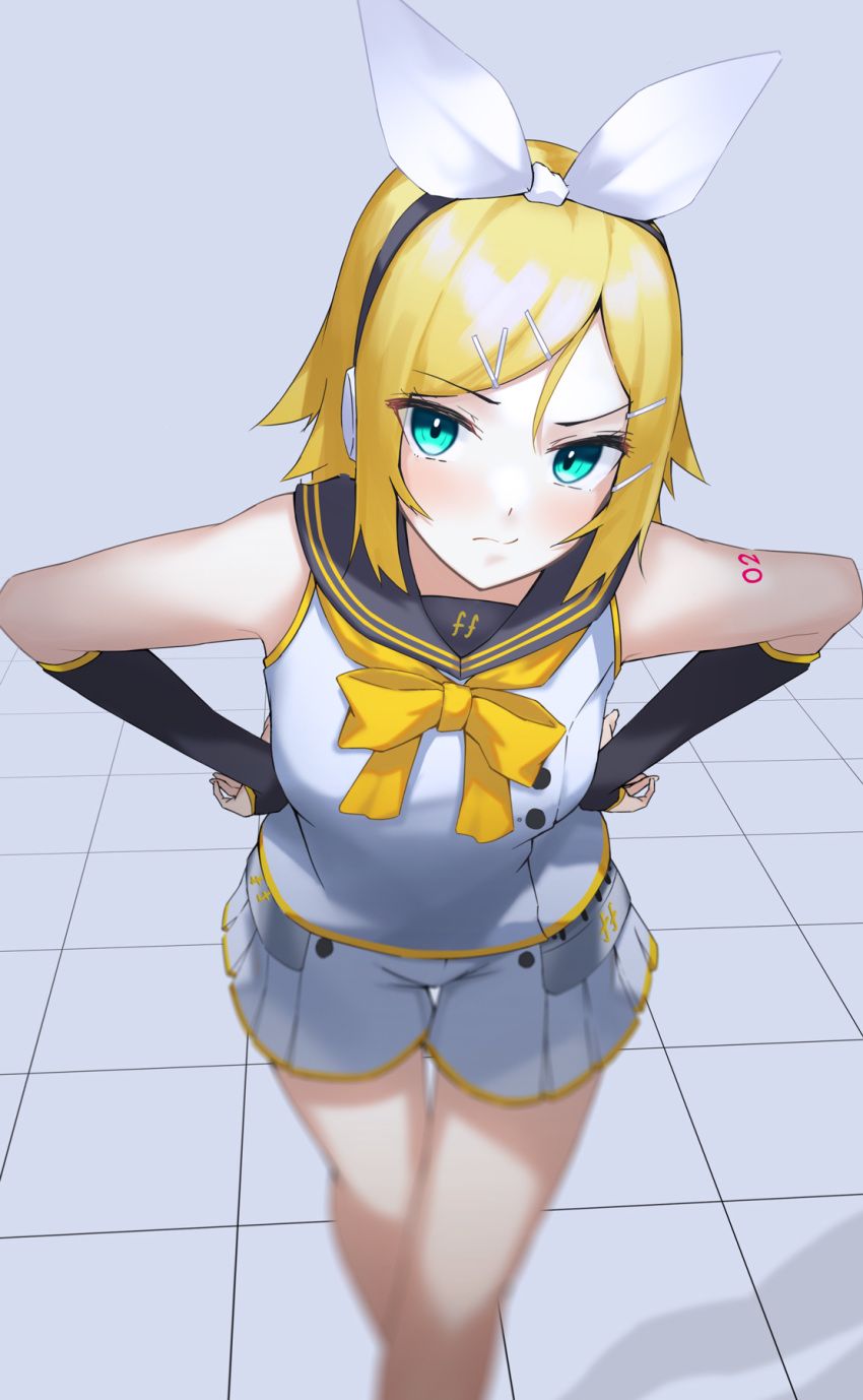 1girl :s aqua_eyes bangs black_sailor_collar blonde_hair blurry blush bow closed_mouth commentary_request depth_of_field detached_sleeves feet_out_of_frame fortissimo grey_background hair_ornament hair_ribbon hairclip headphones highres kagamine_rin leaning_forward looking_at_viewer neckerchief number_tattoo orange_bow orange_neckwear osanzi ribbon sailor_collar school_uniform serafuku shirt short_hair short_shorts short_sleeves shorts shoulder_tattoo sidelocks simple_background sleeveless sleeveless_shirt solo standing swept_bangs tattoo thigh_gap tile_floor tiles v-shaped_eyebrows vocaloid white_ribbon white_shirt white_shorts