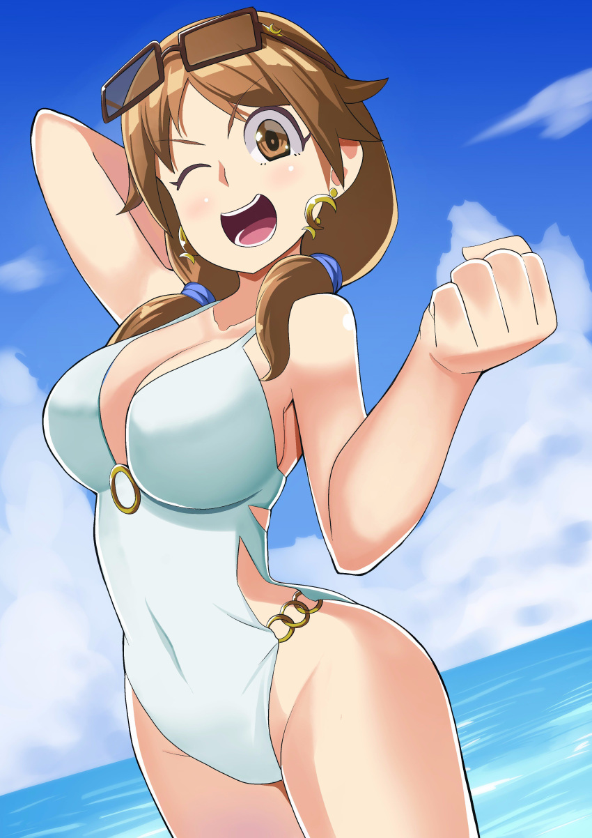 1girl absurdres blue_sky breasts brown_eyes brown_hair casual_one-piece_swimsuit clenched_hand clouds commentary_request cowboy_shot day earrings eyewear_on_head highres horizon idolmaster idolmaster_cinderella_girls jewelry katagiri_sanae large_breasts low_twintails o-ring o-ring_swimsuit ocean one-piece_swimsuit open_mouth outdoors popopo short_twintails sky smile solo sunglasses swimsuit teeth twintails white_swimsuit