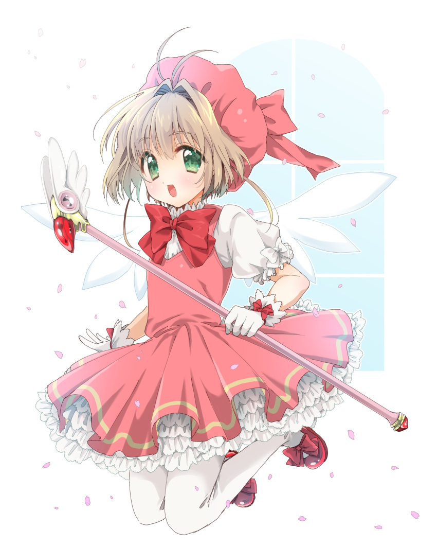 1girl absurdres antenna_hair brown_hair cardcaptor_sakura commentary_request dress frilled_dress frills full_body fuuin_no_tsue gloves green_eyes highres kantai_collection kinomoto_sakura magical_girl open_mouth puya red_dress red_headwear short_hair smile solo thigh-highs wand white_gloves white_legwear wings