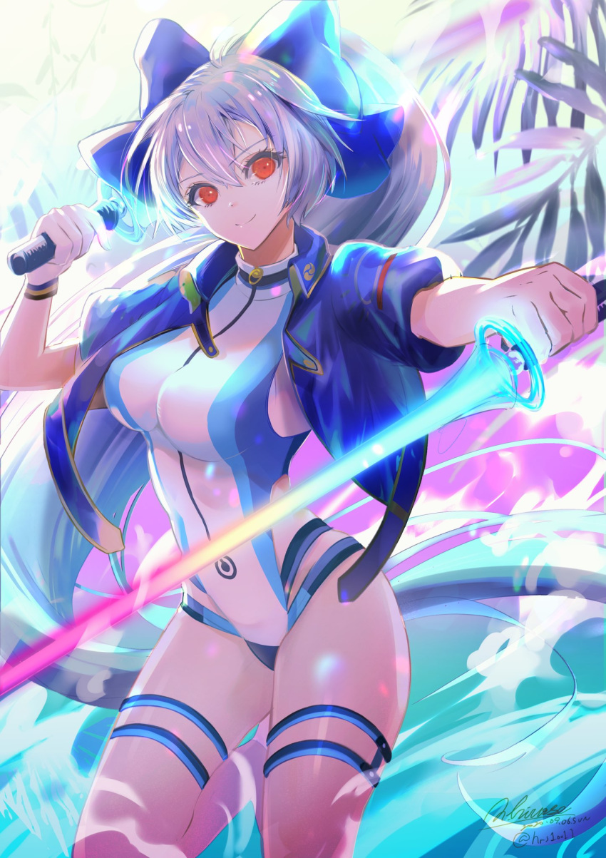 1girl bangs blue_bow blue_jacket blue_swimsuit bow breasts dual_wielding energy_sword fate/grand_order fate_(series) hair_between_eyes hair_bow highleg highleg_swimsuit highres hirose_(10011) holding jacket large_breasts long_hair looking_at_viewer one-piece_swimsuit ponytail red_eyes short_sleeves silver_hair smile swimsuit sword thighs tomoe_gozen_(fate/grand_order) tomoe_gozen_(swimsuit_saber)_(fate) two-tone_swimsuit weapon white_swimsuit