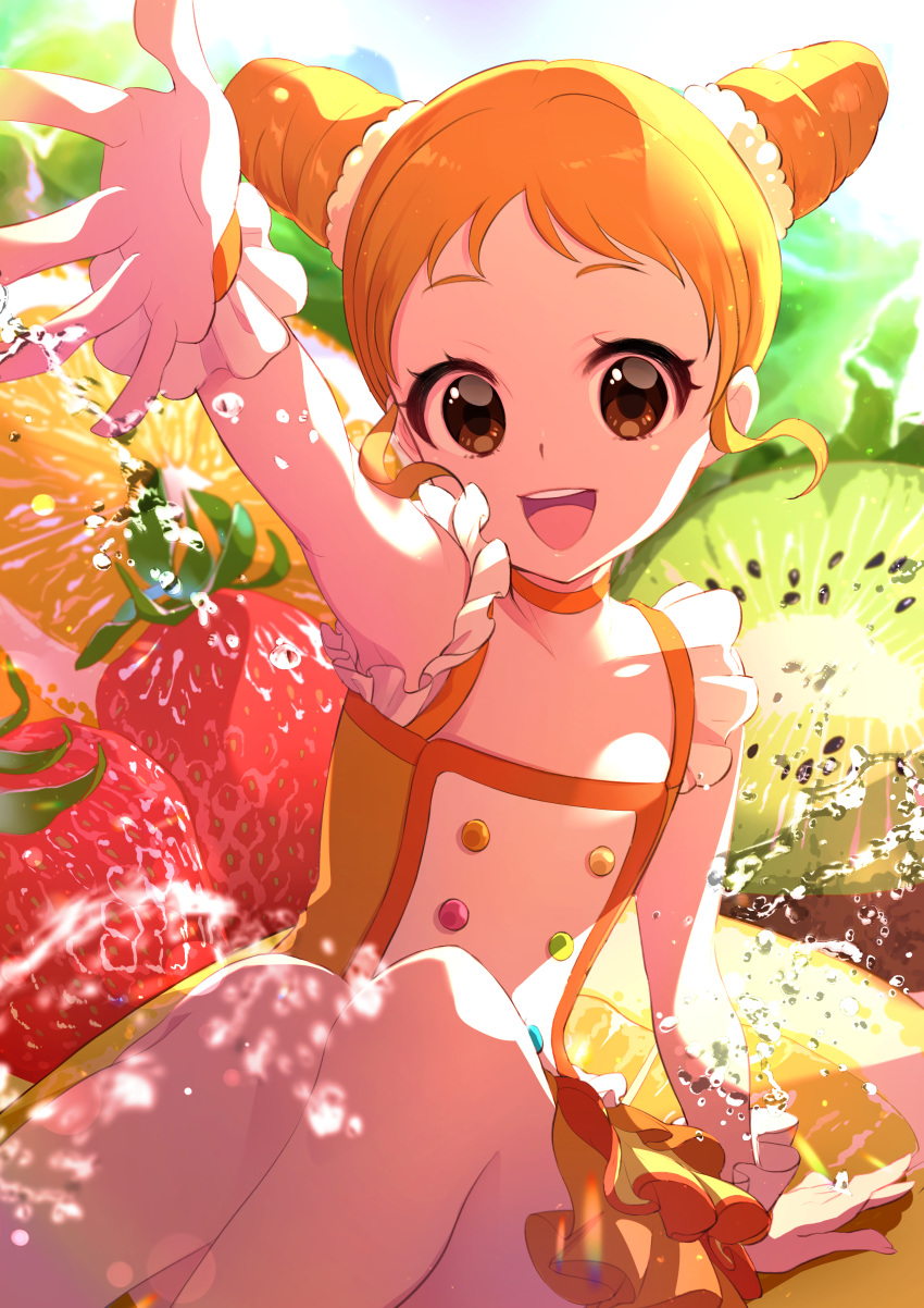1girl absurdres aikatsu! aikatsu!_(series) arisugawa_otome arm_support birthday brown_eyes buttons choker commentary double_bun dress eriko food foreshortening fruit hair_ornament hair_scrunchie highres idol kiwifruit knees_up lemon lemon_slice looking_at_viewer open_mouth orange orange_hair outstretched_arm outstretched_hand reaching reaching_out round_teeth scrunchie sitting sleeveless sleeveless_dress smile solo splashing strawberry teeth upper_teeth water wrist_cuffs