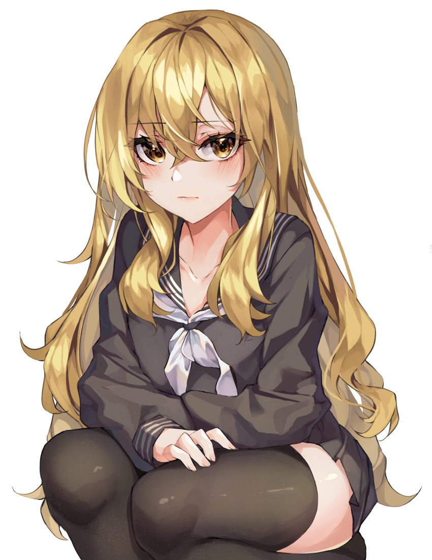 1girl absurdres aisaka_taiga bangs black_legwear black_sailor_collar black_serafuku black_shirt blush brown_eyes brown_hair closed_mouth collarbone expressionless eyebrows_visible_through_hair fage feet_out_of_frame hair_between_eyes highres long_hair long_sleeves looking_at_viewer neckerchief sailor_collar school_uniform serafuku shirt sidelocks simple_background solo squatting thigh-highs toradora! very_long_hair white_background white_neckwear zettai_ryouiki