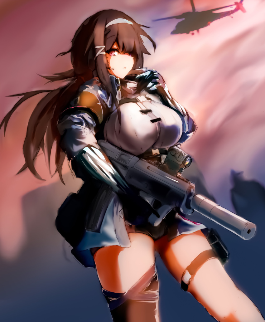 1girl absurdres aircraft artist_request breasts brown_hair commentary covered_nipples fingerless_gloves girls_frontline gloves gun hair_ornament hairclip headband helicopter highres jacket js_9_(girls_frontline) large_breasts long_hair looking_at_viewer red_eyes scope solo suppressor thigh_strap thighs weapon