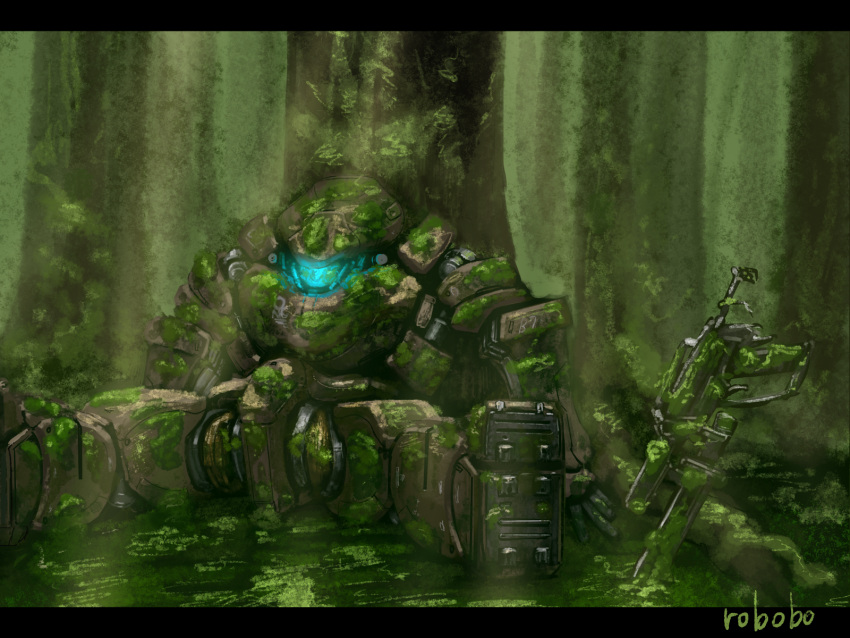 bottoms1237 damaged glowing glowing_eye gun highres jungle mecha moss nature no_humans original overgrown sitting solo weapon