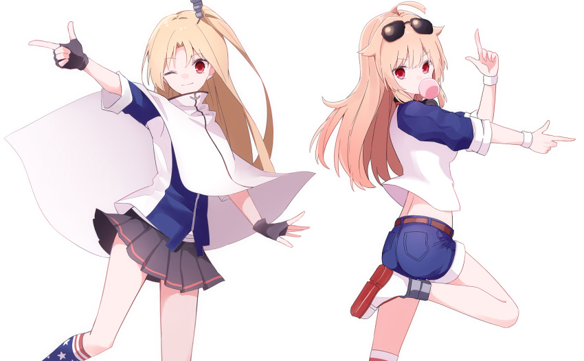 2girls a.a_(aa772) ahoge american_flag_legwear azur_lane bangs black-framed_eyewear black_skirt blue_shorts brown_hair cleveland_(azur_lane) cloak columbia_(azur_lane) eyebrows_visible_through_hair eyewear_on_head finger_gun hair_between_eyes hair_ornament kneehighs long_hair looking_at_viewer looking_to_the_side multiple_girls one_side_up parted_bangs pleated_skirt raglan_sleeves red_eyes shirt shoe_soles short_shorts short_sleeves shorts simple_background skirt standing standing_on_one_leg sunglasses v-shaped_eyebrows very_long_hair white_background white_cloak white_footwear white_shirt