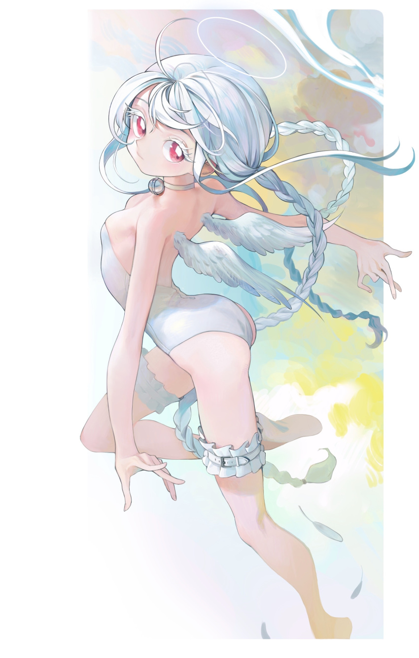 1girl absurdres ballet_slippers bangs bell braid choker commentary_request feathers flying garter_straps halo highres kaede_(shijie_heping) leotard looking_at_viewer original red_eyes sky solo strapless strapless_leotard twin_braids white_footwear white_hair white_leotard wings