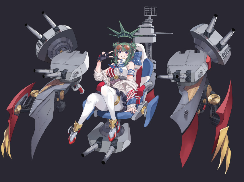 1girl absurdres american_flag american_flag_print anchor_print armband aviator_sunglasses cannon chair fingerless_gloves flag_print gloves hack_waltz highres mecha_musume military off-shoulder_jacket original personification rigging sailor_collar ship sitting statue_of_liberty sunglasses turret turtleneck uss_new_york_(bb-34) watercraft