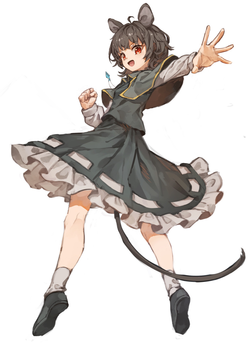 1girl :d absurdres animal_ears black_footwear capelet clenched_hand commentary_request full_body grey_hair highres jewelry long_sleeves looking_at_viewer mouse_ears mouse_tail nazrin open_mouth outstretched_arm pendant red_eyes shoes simple_background smile socks solo standing tail touhou white_background yanyan_(shinken_gomi)