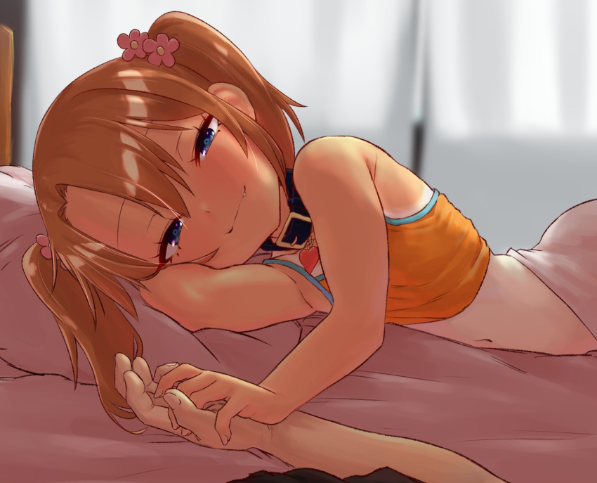 1boy 1girl blue_eyes blush brown_hair coffee-milk-moumou collar commentary_request dark_skin fang fang_out highres looking_at_viewer lying navel on_bed on_side original pillow pov smile tan tanline twintails yuma_(coffee-milk-moumou)