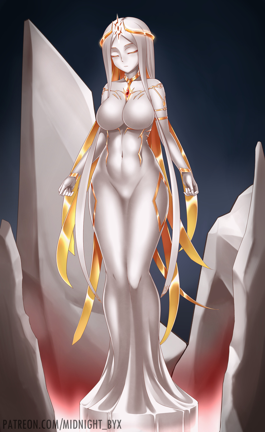 1girl blonde_hair bracelet breasts circlet closed_eyes highres jewelry large_breasts long_hair midnight_(banyex) monster_girl multicolored_hair navel no_nipples original petrification solo standing two-tone_hair very_long_hair watermark web_address white_hair white_skin