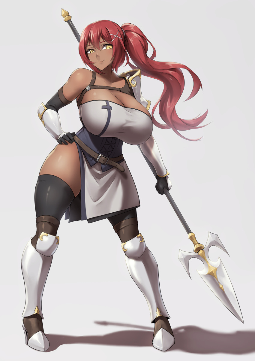 1girl armor armpits bare_shoulders black_legwear breasts commentary commission dark_skin elbow_gloves gloves hand_on_hip highres huge_breasts original packge pink_background polearm redhead shadow side_ponytail simple_background smile solo spear thick_thighs thigh-highs thighs weapon yellow_eyes zettai_ryouiki