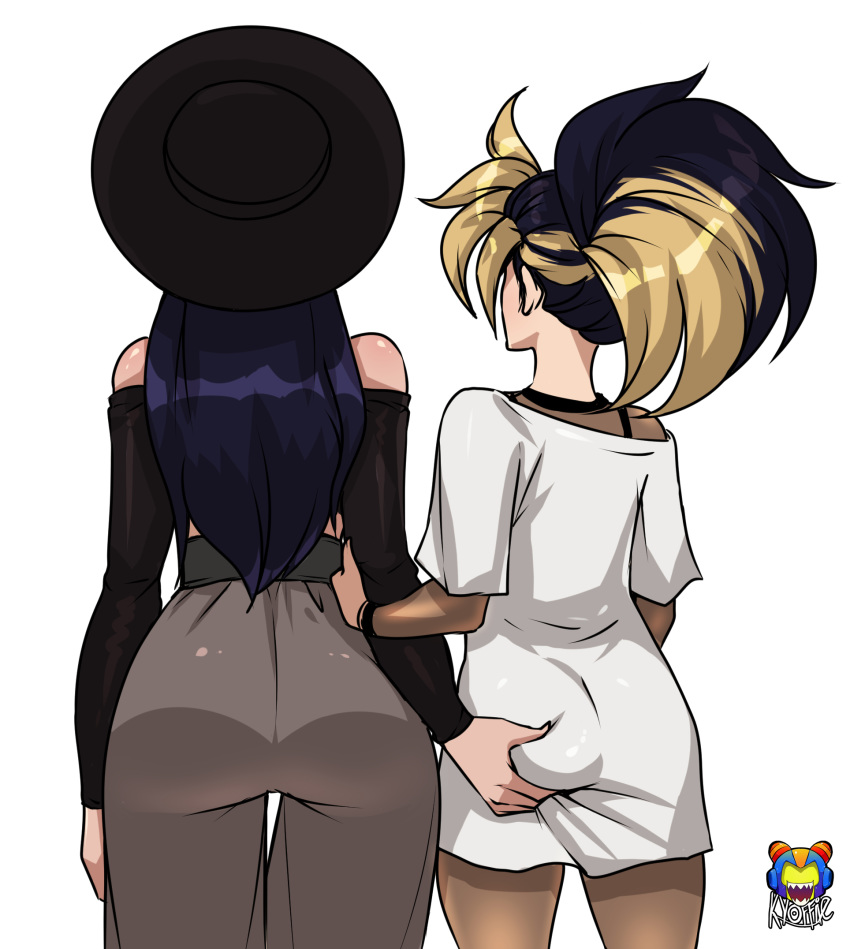 2girls akali arm_hug ass ass_grab black_hair blonde_hair bodystocking bodysuit commentary detached_sleeves fishnet_bodysuit fishnets from_behind grabbing_another's_ass groping hair_pulled_back hat high-waist_pants highres kai'sa kyoffie12 league_of_legends long_sleeves multicolored_hair multiple_girls oversized_clothes ponytail purple_hair streaked_hair sun_hat the_baddest_akali the_baddest_kai'sa thigh_gap wide_hips yuri