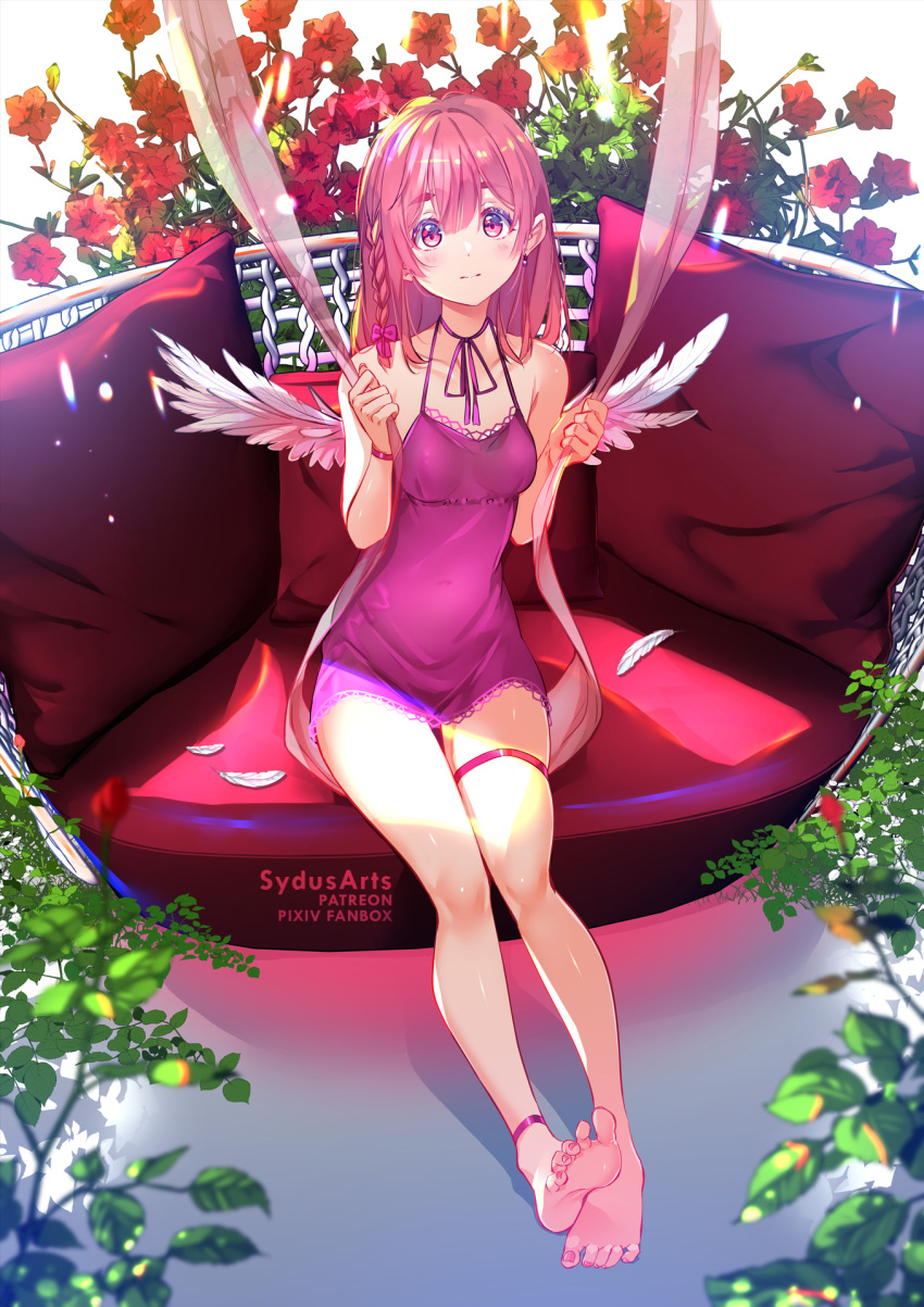 1girl angel_wings artist_name bare_legs bare_shoulders barefoot blurry blush bow braid breasts closed_mouth collarbone commentary covered_navel cushion depth_of_field dress english_commentary feathered_wings flower full_body hair_bow highres jewelry kanojo_okarishimasu light_frown long_hair looking_at_viewer neck_ribbon plant purple_bow purple_dress purple_hair purple_nails purple_neckwear purple_ribbon red_flower ribbon sakurasawa_sumi short_dress side_braid single_earring sitting sleeveless sleeveless_dress small_breasts solo sydus thigh_gap thigh_strap toenail_polish violet_eyes white_wings wings wristband