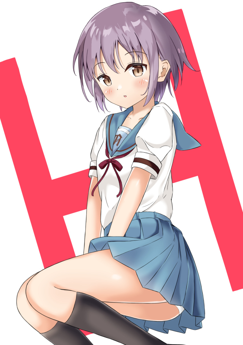 1girl :o bangs black_legwear blue_sailor_collar blue_skirt blush brown_eyes commentary_request h highres keito4f kita_high_school_uniform looking_at_viewer nagato_yuki open_mouth panties pantyshot purple_hair red_ribbon ribbon sailor_collar school_uniform serafuku short_hair short_sleeves skirt solo suzumiya_haruhi_no_yuuutsu underwear white_panties