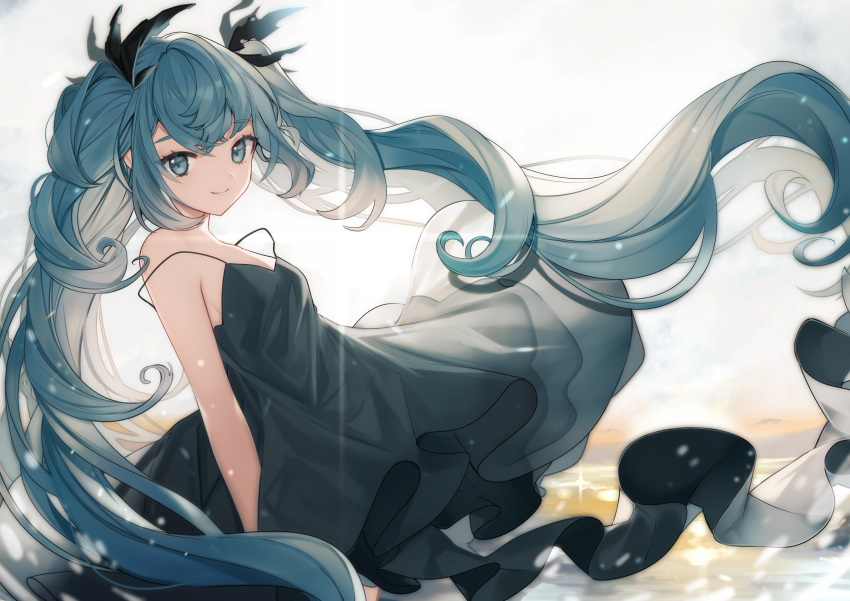 1girl absurdres aqua_eyes aqua_hair bangs bare_arms bare_shoulders black_dress breasts cowboy_shot curly_hair day dress floating_hair from_side hair_ribbon hatsune_miku highres long_hair looking_at_viewer ocean outdoors ribbon shinkai_shoujo_(vocaloid) short_dress sidelocks sky sleeveless smile solo spinel_cranweiss strap_slip twintails very_long_hair vocaloid