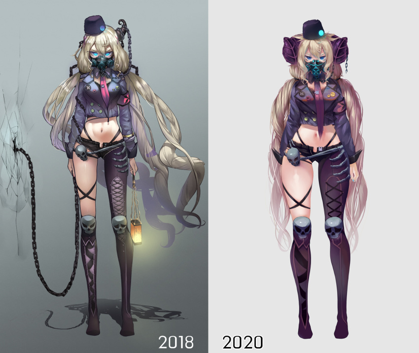 1girl 2018 2020 black_legwear blonde_hair blue_eyes chain commentary dated eyebrows full_body gas_mask hair_between_eyes hat highres holding holding_lantern horns jacket kneehighs lantern long_hair looking_at_viewer mask messy_hair midriff mismatched_legwear mouth_mask navel original sheep_horns shorts silhouette single_horn single_kneehigh skull solo standing thick_thighs thigh_strap thighs torieto twintails very_long_hair years