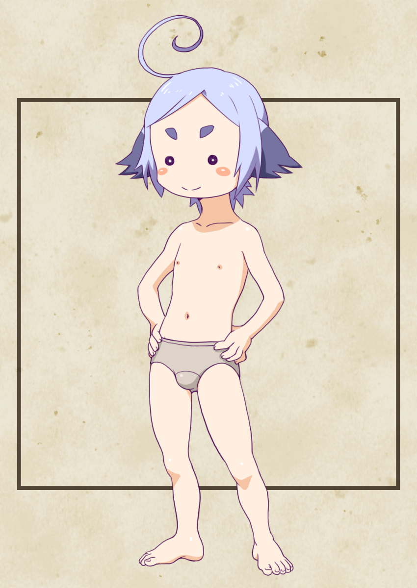 1boy :&gt; ahoge barefoot blue_hair blush_stickers bulge full_body hada_toshiya halfling highres huge_ahoge ishuzoku_reviewers kanchal light_blue_hair male_focus multicolored_hair navel nipples shirtless short_eyebrows underwear