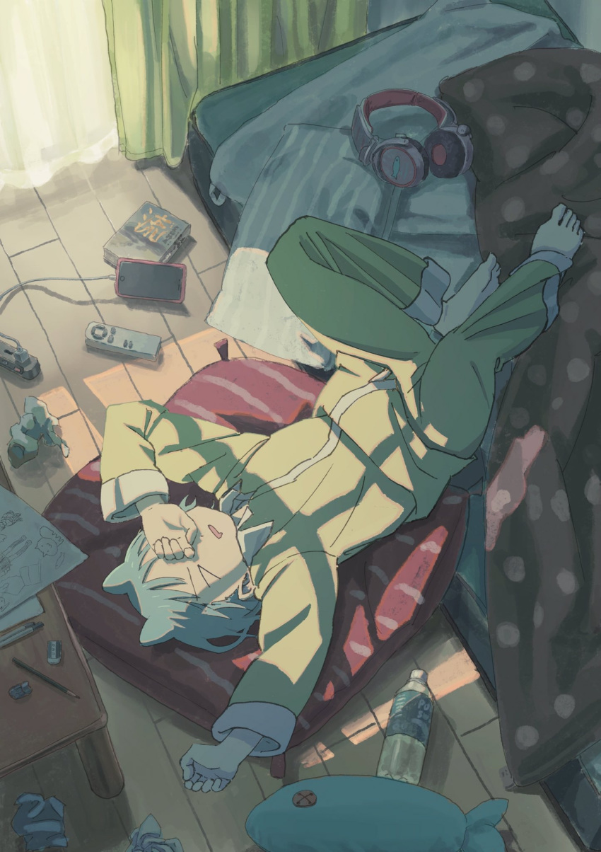 &gt;_&lt; 1girl animal_ears arm_up bed bedroom blue_hair cellphone child_drawing from_above futon headphones highres indoors messy_room nerio_(neri_akira) open_mouth original pajamas phone pillow rubbing_eyes solo stuffed_animal stuffed_fish stuffed_toy waking_up