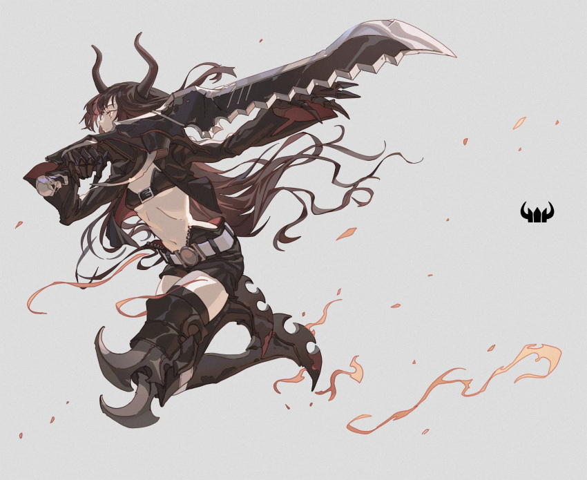 1girl belt belt_buckle bikini bikini_top black_gold_saw black_hair black_rock_shooter buckle claws closed_mouth highres hong horns huge_weapon jacket king_saw long_hair long_sleeves midriff navel open_clothes open_jacket pale_skin shorts skull smile swimsuit sword weapon yellow_eyes zipper