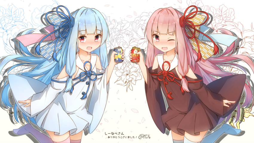 2girls :d ;d bangs bare_shoulders blue_dress blue_hair blue_legwear blue_ribbon blush brown_dress can collarbone commentary_request coreytaiyo dated detached_sleeves dress eyebrows_visible_through_hair fang floral_background hair_ribbon highres holding holding_can kotonoha_akane kotonoha_aoi long_hair long_sleeves multiple_girls no_shoes one_eye_closed open_mouth petals pink_hair pink_lips pleated_dress red_eyes red_ribbon ribbon siblings signature sisters sleeveless sleeveless_dress smile standing standing_on_one_leg thigh-highs translation_request twins v-shaped_eyebrows very_long_hair voiceroid wide_sleeves