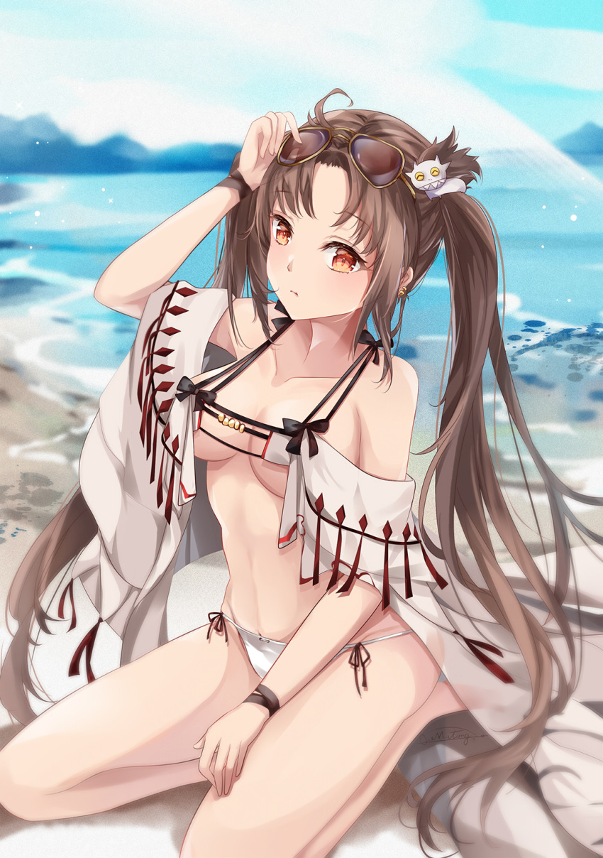 1girl ahoge arm_up bangs bare_shoulders beach bikini blurry blurry_background blush breasts brown-tinted_eyewear brown_hair closed_mouth collarbone commentary_request consort_yu_(fate) day depth_of_field earrings eyebrows_visible_through_hair eyewear_on_head fate/grand_order fate_(series) hair_ornament highres jewelry long_hair looking_at_viewer medium_breasts mutang navel off_shoulder outdoors parted_bangs red_eyes sand seiza sitting solo swimsuit twintails very_long_hair water white_bikini yu_miaoyi_(swimsuit_lancer)