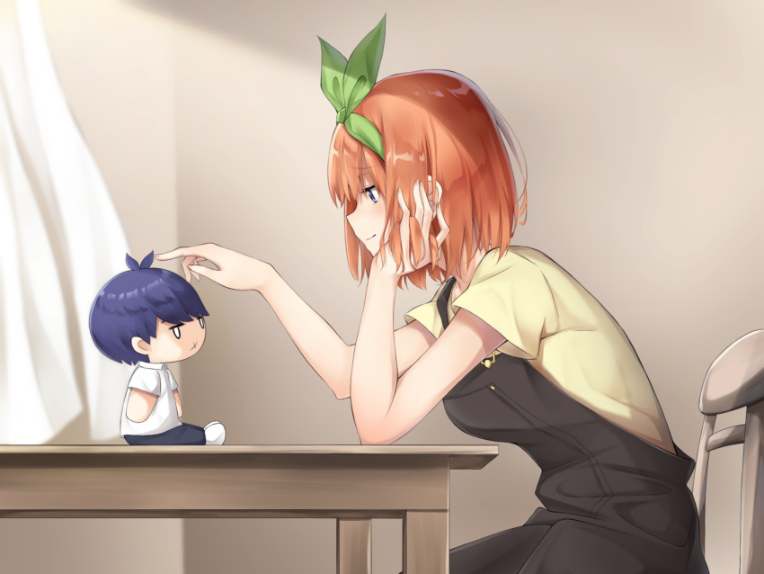 1girl bangs black_dress blue_eyes blue_hair blunt_bangs blush breasts chair character_doll closed_mouth collared_shirt commentary_request curtains dress elbow_rest from_side go-toubun_no_hanayome green_hairband green_ribbon hair_ribbon hairband hand_in_hair hand_on_own_cheek hands_up highres indoors jii_tomo nakano_yotsuba orange_hair profile ribbon shirt short_hair short_sleeves sitting sleeveless sleeveless_dress smile solo table uesugi_fuutarou wooden_chair wooden_table yellow_shirt
