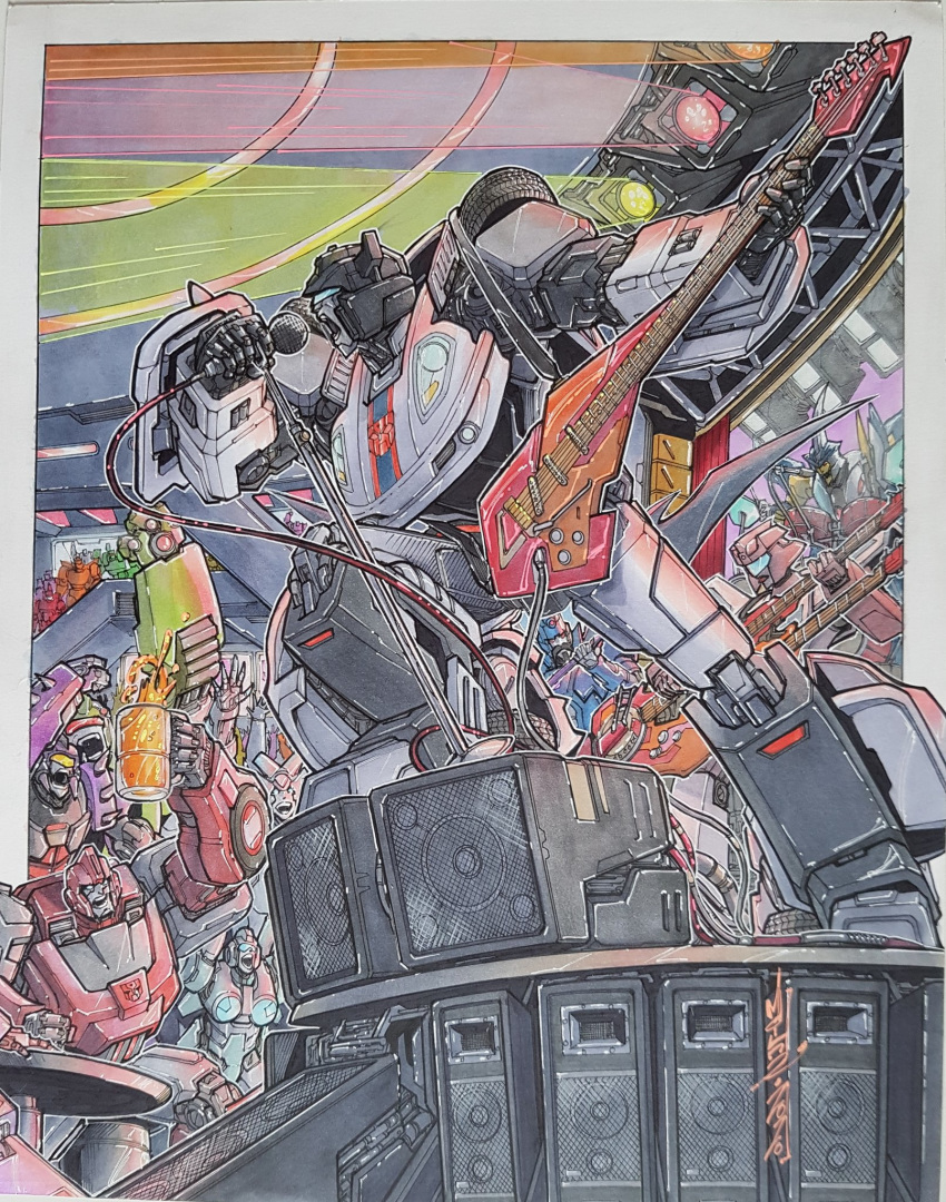 alex_milne autobot concert crowd guitar highres holding holding_instrument instrument ironhide jazz_(transformers) marker_(medium) mecha music no_humans open_mouth singing sky-byte the_transformers_(idw) traditional_media transformers visor