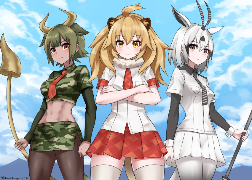 3girls abs animal_costume animal_ears antenna_hair arabian_oryx_(kemono_friends) arms_at_sides aurochs_(kemono_friends) bare_arms big_hair black_hair blonde_hair breast_pocket cat_girl closed_mouth collared_shirt commentary_request cow_ears cow_girl cow_horns cow_tail cowboy_shot crop_top cropped_shirt cuffs dark_skin day earrings empty_eyes expressionless extra_ears fur_collar gazelle_ears gazelle_tail grey_eyes grey_hair highres holding holding_weapon horns jewelry kemono_friends lion_(kemono_friends) lion_costume lion_ears lion_tail long_sleeves looking_at_viewer medium_hair midriff miniskirt multiple_girls navel necktie outdoors pantyhose pencil_skirt plaid plaid_neckwear plaid_skirt plaid_sleeves pleated_skirt pocket polearm red_neckwear riro_(breakthrough_rr) shirt short_over_long_sleeves short_sleeves sidelocks skirt smile standing stomach striped striped_neckwear tail thigh-highs toned two-tone_background weapon wing_collar yellow_eyes zettai_ryouiki