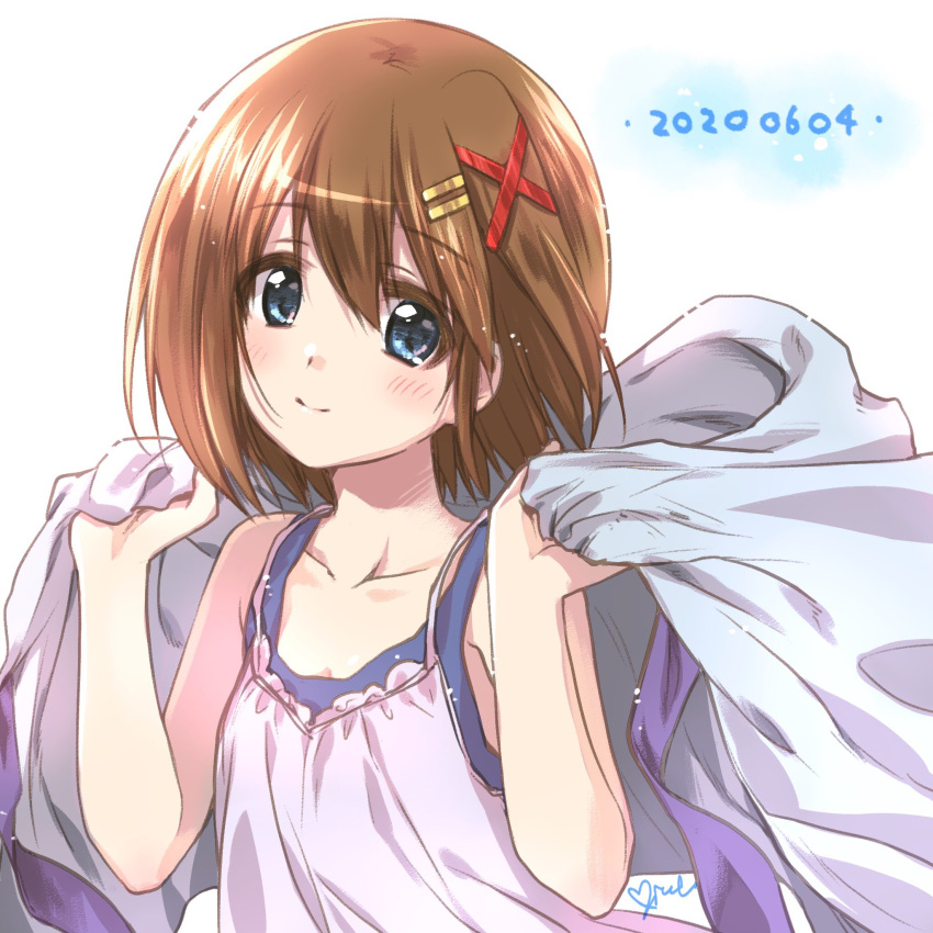 1girl artist_name bangs blue_eyes blue_shirt brown_hair camisole casual closed_mouth dated eyebrows_visible_through_hair hair_ornament hairclip highres holding kuroi_mimei layered_clothing looking_at_viewer lyrical_nanoha mahou_shoujo_lyrical_nanoha mahou_shoujo_lyrical_nanoha_a's purple_shirt shirt signature smile solo tank_top upper_body x_hair_ornament yagami_hayate