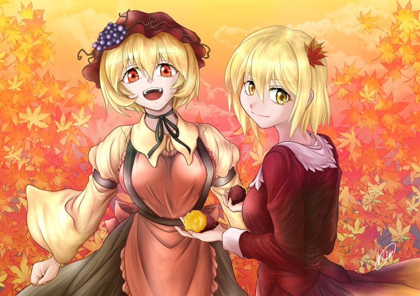 2girls absurdres aki_minoriko aki_shizuha akuron apron autumn autumn_leaves black_neckwear black_skirt blonde_hair bow breasts clouds eyebrows_visible_through_hair food food_themed_hair_ornament fruit gradient_clothes gradient_skirt grape_hair_ornament grapes hair_ornament hat highres huge_filesize large_breasts leaf leaf_hair_ornament leaf_on_head long_sleeves looking_at_viewer maple_leaf mob_cap multiple_girls open_mouth orange_eyes orange_sky outdoors red_apron red_eyes red_headwear red_shirt red_skirt shirt short_hair signature skirt sky small_breasts smile sweet_potato touhou wide_sleeves yellow_eyes yellow_shirt