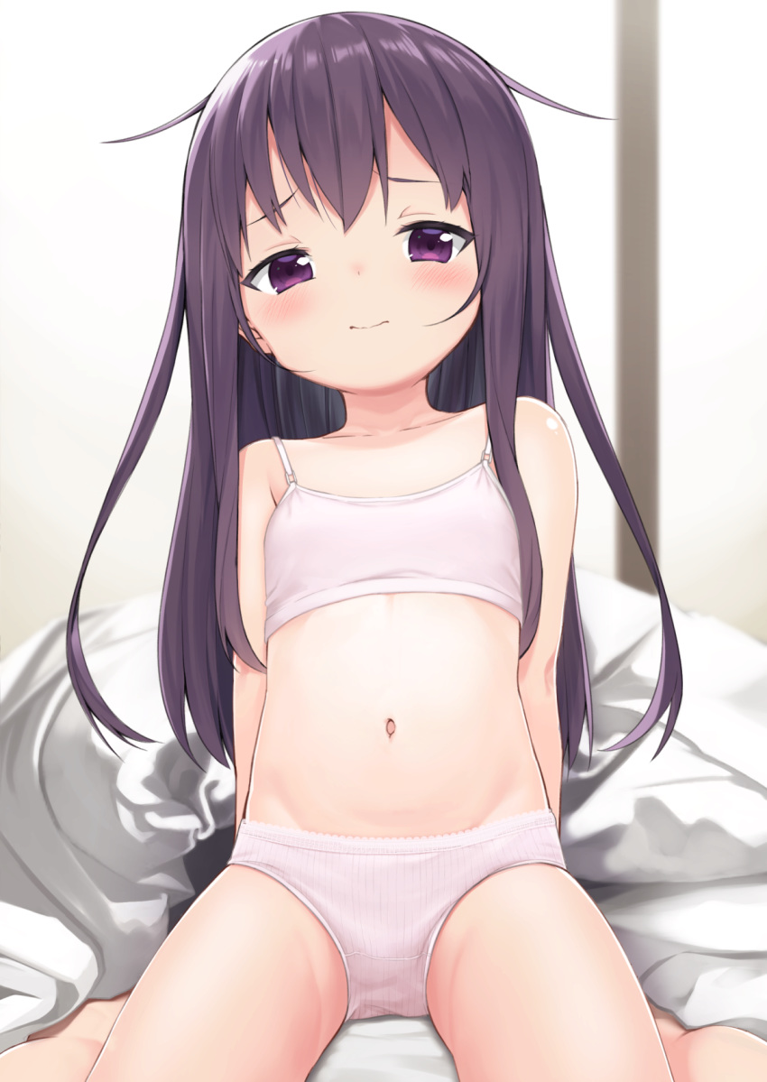 1girl akatsuki_(kantai_collection) bare_arms bare_legs bare_shoulders barefoot bed_sheet blush bra closed_mouth collarbone dx_(dekusu) flat_chest futon garter_straps groin hair_between_eyes highres kantai_collection long_hair navel panties pink_bra pink_panties purple_hair sitting solo underwear underwear_only violet_eyes wariza white_panties