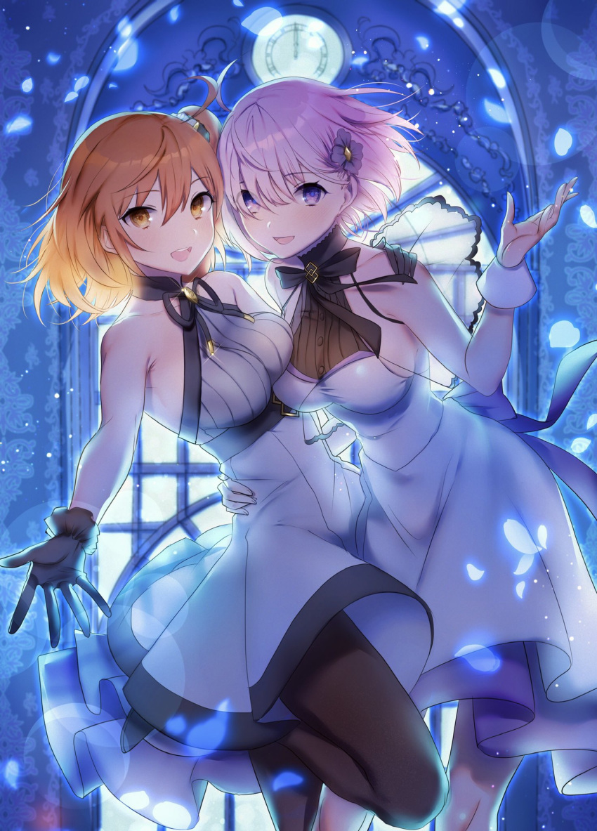 2girls ahoge akebono_kt bangs bare_shoulders black_gloves black_legwear blush breasts dress fate/grand_order fate_(series) fujimaru_ritsuka_(female) gloves hair_over_one_eye highres large_breasts lavender_hair looking_at_viewer mash_kyrielight multiple_girls one_side_up open_mouth orange_eyes orange_hair pantyhose short_hair smile violet_eyes white_dress