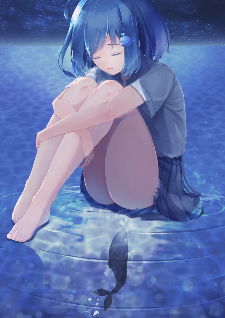 1girl absurdres annu_iida ass barefoot black_hair black_skirt closed_eyes hair_ornament highres knees_up leg_hug original outdoors ripples sitting_on_water skirt water whale whale_hair_ornament