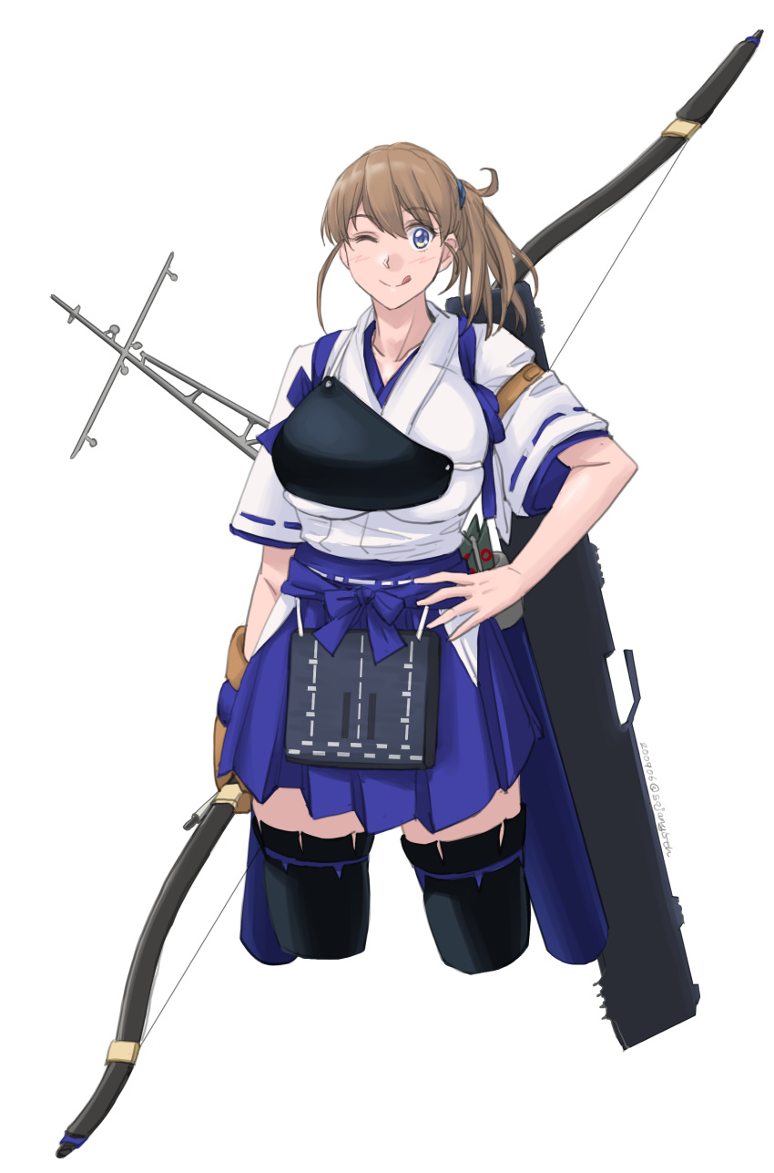 1girl absurdres alternate_costume alternate_hairstyle black_legwear blue_eyes blue_hakama bow_(weapon) breasts brown_gloves cosplay flight_deck gloves hakama hakama_skirt highres holding holding_bow_(weapon) holding_weapon intrepid_(kantai_collection) japanese_clothes kaga_(kantai_collection) kaga_(kantai_collection)_(cosplay) kantai_collection large_breasts light_brown_hair long_hair muneate one_eye_closed partly_fingerless_gloves short_sidetail side_ponytail single_glove smile solo sozan standing tasuki thigh-highs weapon yugake yumi_(bow)