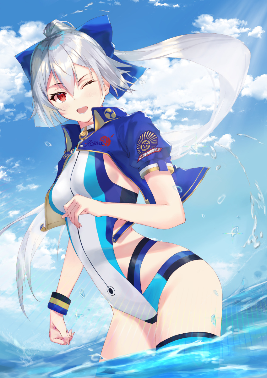 1girl absurdres bangs blue_bow blue_jacket blue_sky blue_swimsuit blush bow breasts fate/grand_order fate_(series) hair_between_eyes hair_bow highleg highleg_swimsuit highres jacket large_breasts long_hair looking_at_viewer motota ocean one-piece_swimsuit one_eye_closed open_mouth ponytail red_eyes short_sleeves silver_hair sky smile swimsuit thighs tomoe_gozen_(fate/grand_order) tomoe_gozen_(swimsuit_saber)_(fate) two-tone_swimsuit wading white_swimsuit