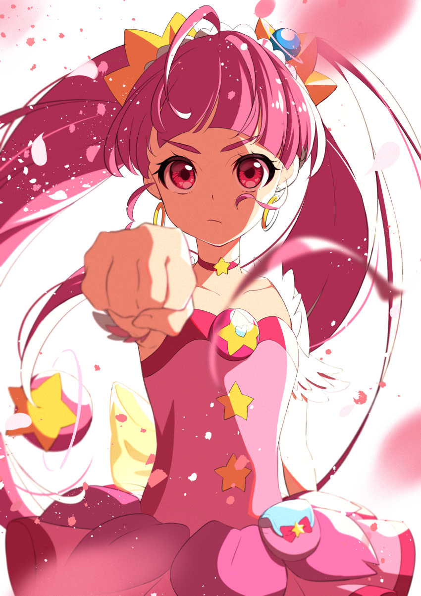 1girl absurdres ahoge back_bow bangs blunt_bangs bow choker clenched_hand commentary_request cure_star dress earrings eriko floating_hair foreshortening hair_ornament highres hoop_earrings hoshina_hikaru huge_filesize jewelry long_hair looking_at_viewer magical_girl outstretched_arm petals pink_eyes pink_hair planet_hair_ornament pouch precure reaching reaching_out serious simple_background sleeveless sleeveless_dress solo star_(symbol) star_choker star_hair_ornament star_print star_twinkle_precure twintails upper_body very_long_hair white_background