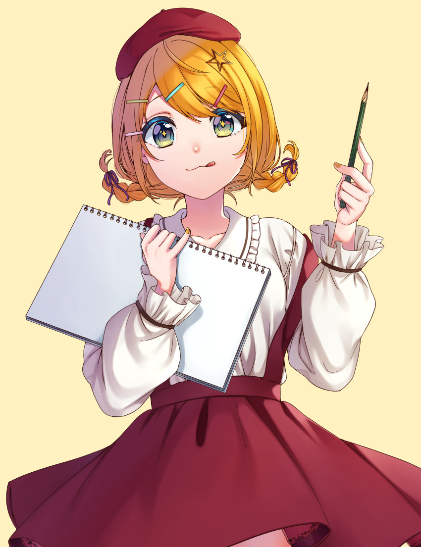 +_+ 1girl :q absurdres bangs beret blonde_hair braid brown_background closed_mouth collared_shirt commentary_request eyebrows_visible_through_hair frilled_shirt_collar frills green_eyes hair_ornament hairclip hands_up hat highres holding holding_pen inu8neko kagamine_rin long_sleeves looking_at_viewer notebook pen red_headwear red_skirt shirt simple_background skirt smile solo star_(symbol) star_hair_ornament suspender_skirt suspenders suspenders_slip swept_bangs tongue tongue_out twin_braids vocaloid white_shirt