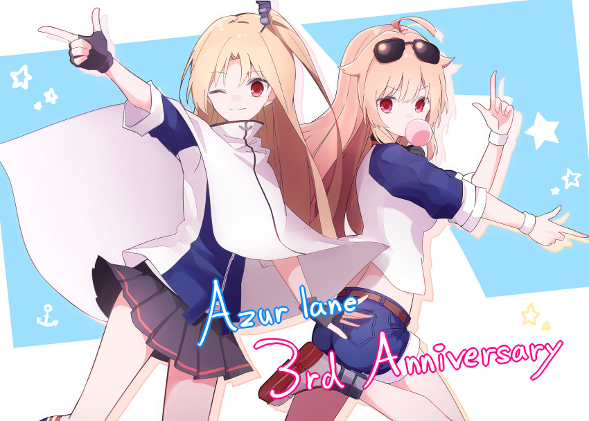 2girls a.a_(aa772) ahoge anniversary azur_lane bangs black-framed_eyewear black_skirt blue_background blue_shorts brown_hair cleveland_(azur_lane) cloak columbia_(azur_lane) commentary_request copyright_name eyebrows_visible_through_hair eyewear_on_head finger_gun hair_between_eyes hair_ornament highres long_hair looking_at_viewer looking_to_the_side multiple_girls one_side_up parted_bangs pleated_skirt raglan_sleeves red_eyes shirt shoe_soles short_shorts short_sleeves shorts skirt standing standing_on_one_leg starry_background sunglasses two-tone_background v-shaped_eyebrows very_long_hair white_background white_cloak white_footwear white_shirt