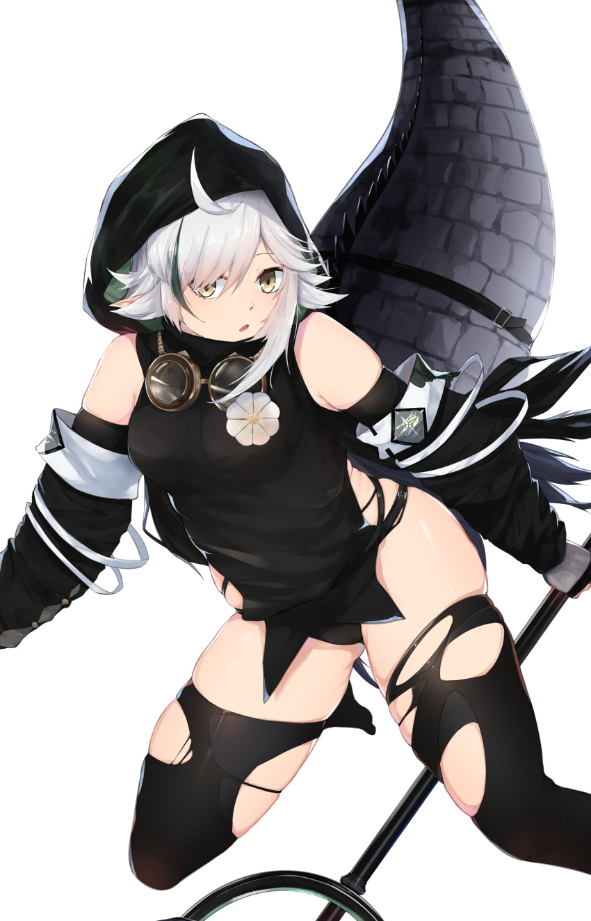 1girl absurdres ahoge arknights as_yinshimao bangs bare_shoulders black_legwear brown_eyes commentary crocodilian_tail feet_out_of_frame goggles goggles_around_neck highres hood large_tail long_sleeves parted_lips short_hair silver_hair simple_background solo tail thigh-highs thighs tomimi_(arknights) white_background