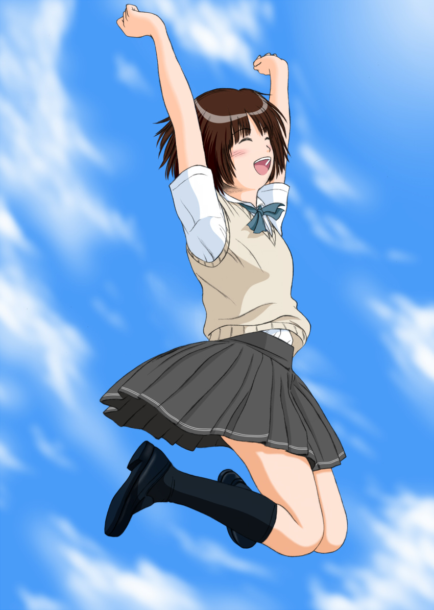 1girl amagami arms_up black_footwear black_legwear blue_sky blush clenched_hands closed_eyes commentary_request grey_skirt highres jumping keisuke_(0320030103200301) kibito_high_school_uniform kneehighs loafers open_mouth pleated_skirt school_uniform shoes short_hair short_sleeves skirt sky smile solo sweater_vest tachibana_miya