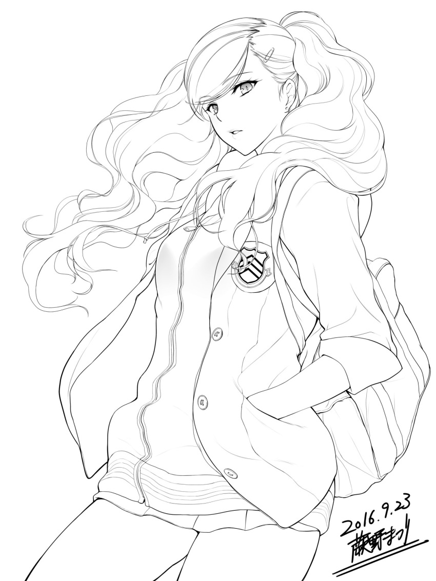 bag cardigan dated hair_ornament hairclip hands_in_pockets highres hood jacket lineart looking_at_viewer persona persona_5 school_bag school_briefcase shoulder_bag shuujin_academy_uniform signature skirt takamaki_anne thighs twintails warabino_matsuri zipper