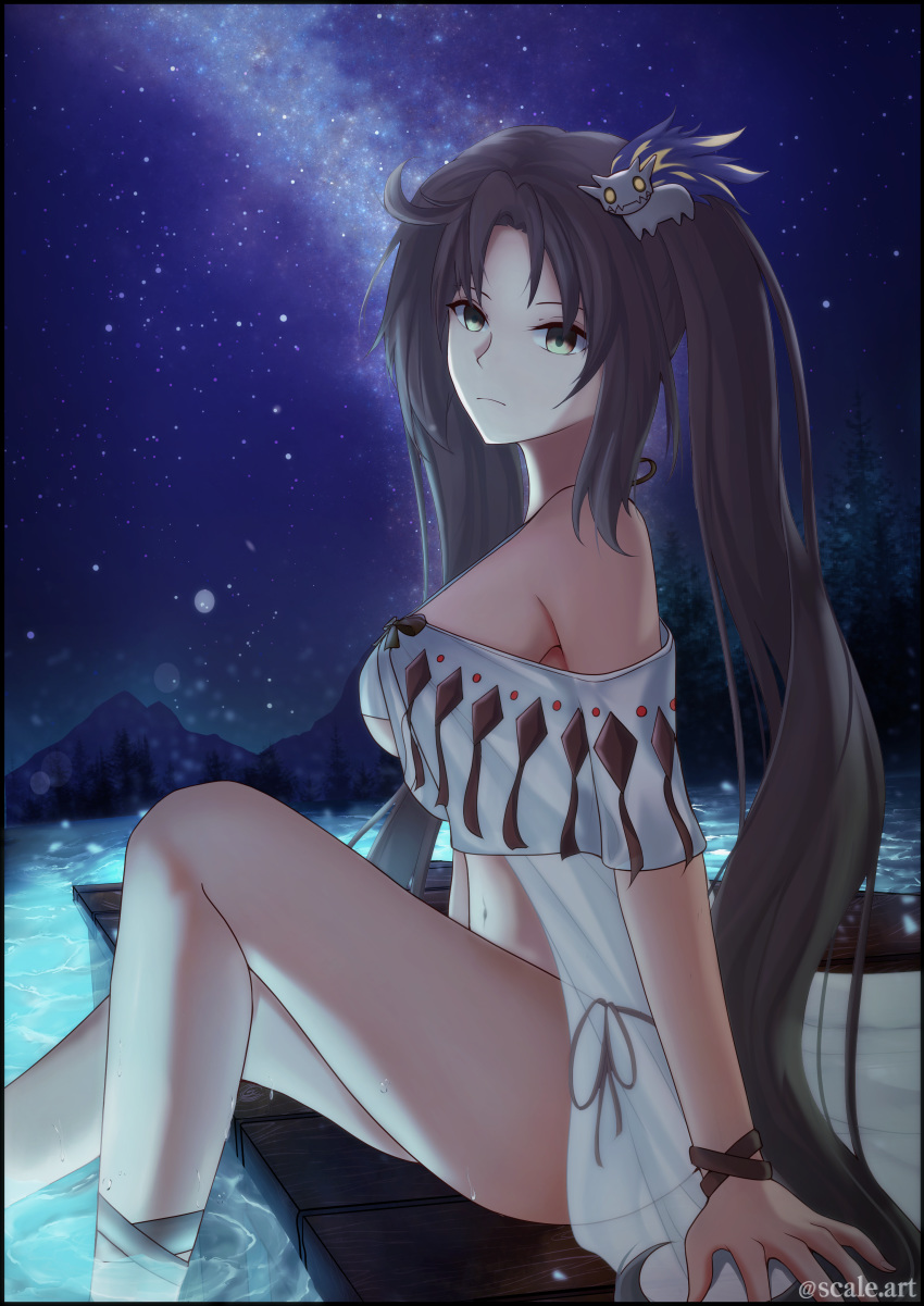 1girl absurdres bikini black_border border breasts brown_eyes brown_hair consort_yu_(fate) fate/grand_order fate_(series) hair_ornament highres huge_filesize large_breasts light_frown long_hair looking_at_viewer looking_to_the_side mountain night night_sky scale_(winston98) sitting sky solo star_(sky) starry_sky swimsuit tree twintails very_long_hair water white_bikini wrist_straps yu_miaoyi_(swimsuit_lancer)