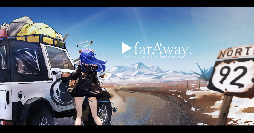 1girl absurdres arknights blue_hair car from_behind ground_vehicle halo highres horns huge_filesize letterboxed long_hair mostima_(arknights) motor_vehicle mountainous_horizon originium_(arknights) road road_sign shorts sign tail you'a