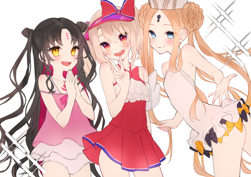 3girls abigail_williams_(fate/grand_order) abigail_williams_(swimsuit_foreigner)_(fate) absurdres bangs bare_shoulders black_bow black_hair blonde_hair blue_eyes blush bow braid braided_bun breasts chest_tattoo chiyomaru_(yumichiyo0606) closed_mouth double_bun dress_swimsuit facial_mark fate/grand_order fate_(series) forehead forehead_mark highres illyasviel_von_einzbern illyasviel_von_einzbern_(swimsuit_archer)_(fate) inflatable_armbands keyhole long_hair looking_at_viewer mitre multicolored_hair multiple_bows multiple_girls one-piece_swimsuit open_mouth orange_bow parted_bangs pink_hair pink_swimsuit red_bow red_eyes red_swimsuit sesshouin_kiara sesshouin_kiara_(lily) sidelocks simple_background small_breasts smile sparkle streaked_hair swimsuit tattoo thighs twintails very_long_hair visor_cap wavy_hair white_background white_hair white_headwear white_swimsuit yellow_eyes