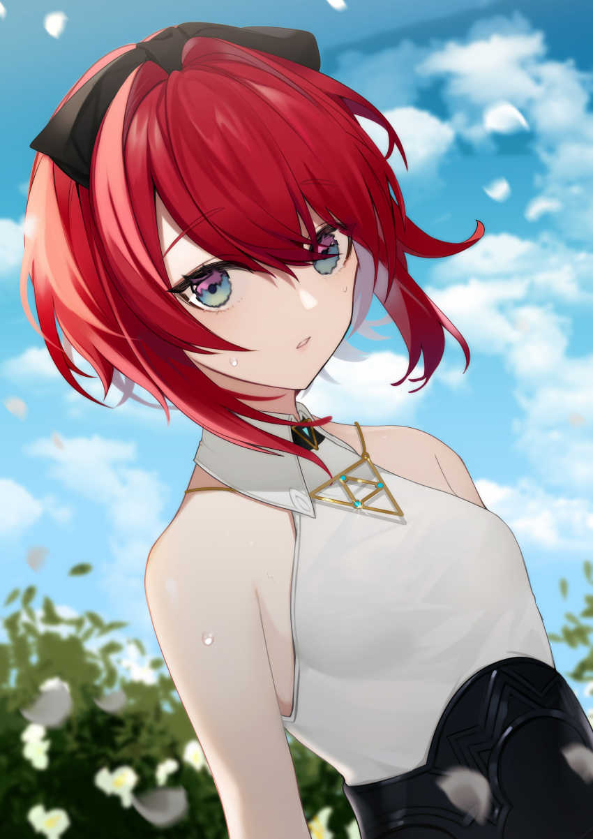 1girl absurdres ange_katrina arms_at_sides bangs bare_shoulders black_ribbon blue_eyes blurry blurry_background breasts day dutch_angle hair_intakes hair_ornament hair_ribbon highres jewelry looking_at_viewer necklace nijisanji parted_lips redhead ribbon short_hair sidelocks sky sleeveless solo spinel_cranweiss sweat upper_body virtual_youtuber