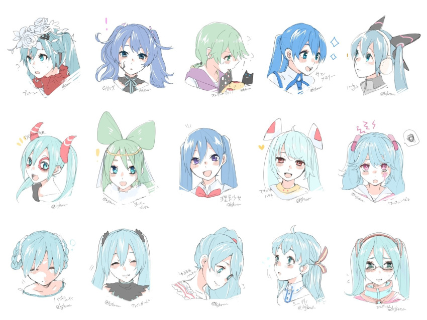 ! aqua_eyes avant-garde_(module) bless_you_(module) blue_eyes blue_hair blush bow bowtie braid calc_(vocaloid) closed_eyes collar commentary dou_iu_koto_nano!?_(vocaloid) facial_mark flower fur_trim furrowed_eyebrows ghost_rule_(vocaloid) glasses green_eyes green_hair hair_flower hair_ornament hatsune_miku headgear headphones high_fever_(module) highres horns lady-ichiko long_hair looking_at_viewer looking_away multiple_persona nervous odds_&amp;_ends_(vocaloid) open_mouth pajama_party_(module) pink_eyes ponytail portrait project_diva_(series) purple_collar rose sailor_collar satisfaction_(kz)_(vocaloid) shinkai_shoujo_(vocaloid) shirt side_ponytail slow_motion_(vocaloid) sparkle squiggle time_machine_(vocaloid) twin_braids twintails twitter_username umiyuri_kaiteitan_(vocaloid) violet_eyes vocaloid white_flower white_rose white_shirt